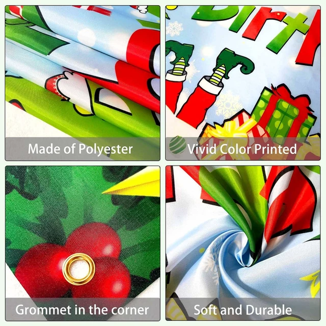 Alt view image 4 of 7 - 7x5ft Happy Birthday Christmas Banner Backdrop Green Christmas Birthday Party Decorations Supplies Kids Cartoon Theme Holiday Party Photography Background Wall Decor Photo Props