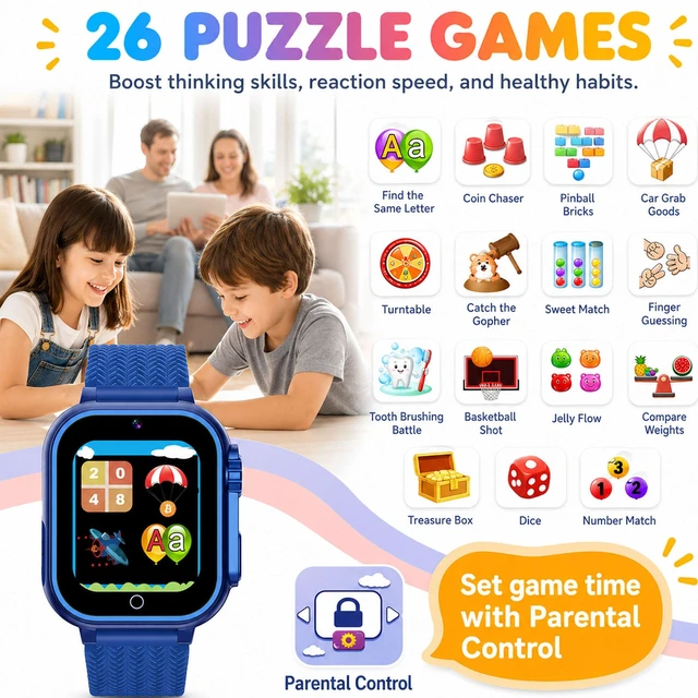 Alt view image 5 of 7 - Kids Smart Watch for Boys and Girls 1.54" Touchscreen, 26 Puzzle Games, Camera, Music & Video Player, Pedometer, School Mode,Blue
