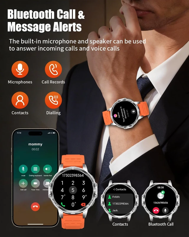 Alt view image 2 of 7 - Military Smart Watch for Men, 1.7" HD Touchscreen, Bluetooth Calling, 1000mAh Battery, Heart Rate/SpO2, 110+ Sports Modes, IP68 Waterproof Fitness Watch for Android & iPhone