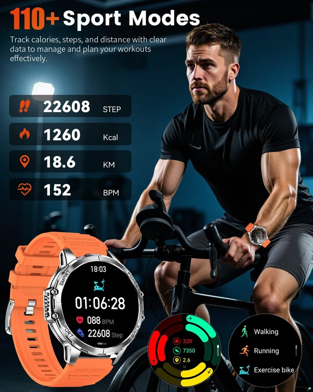 Alt view image 4 of 7 - Military Smart Watch for Men, 1.7" HD Touchscreen, Bluetooth Calling, 1000mAh Battery, Heart Rate/SpO2, 110+ Sports Modes, IP68 Waterproof Fitness Watch for Android & iPhone