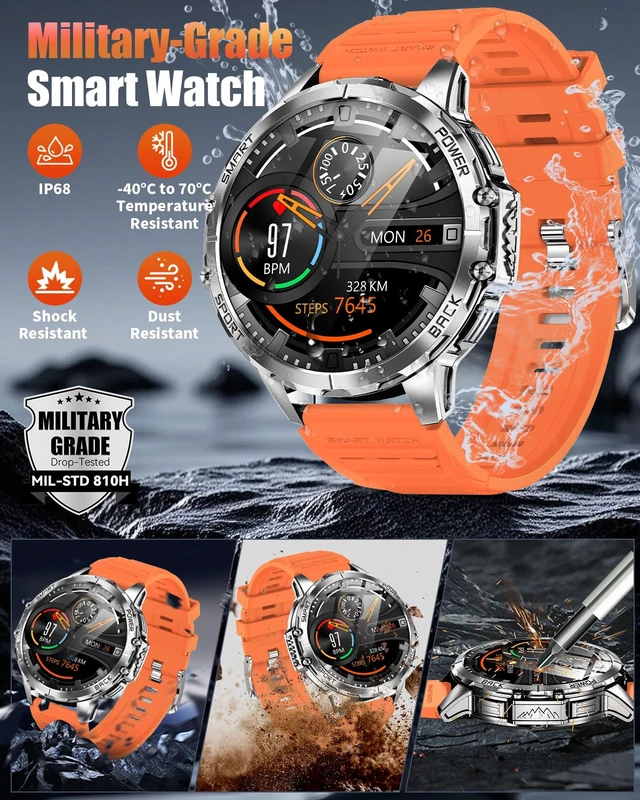 Alt view image 6 of 7 - Military Smart Watch for Men, 1.7" HD Touchscreen, Bluetooth Calling, 1000mAh Battery, Heart Rate/SpO2, 110+ Sports Modes, IP68 Waterproof Fitness Watch for Android & iPhone