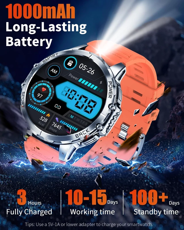 Alt view image 7 of 7 - Military Smart Watch for Men, 1.7" HD Touchscreen, Bluetooth Calling, 1000mAh Battery, Heart Rate/SpO2, 110+ Sports Modes, IP68 Waterproof Fitness Watch for Android & iPhone