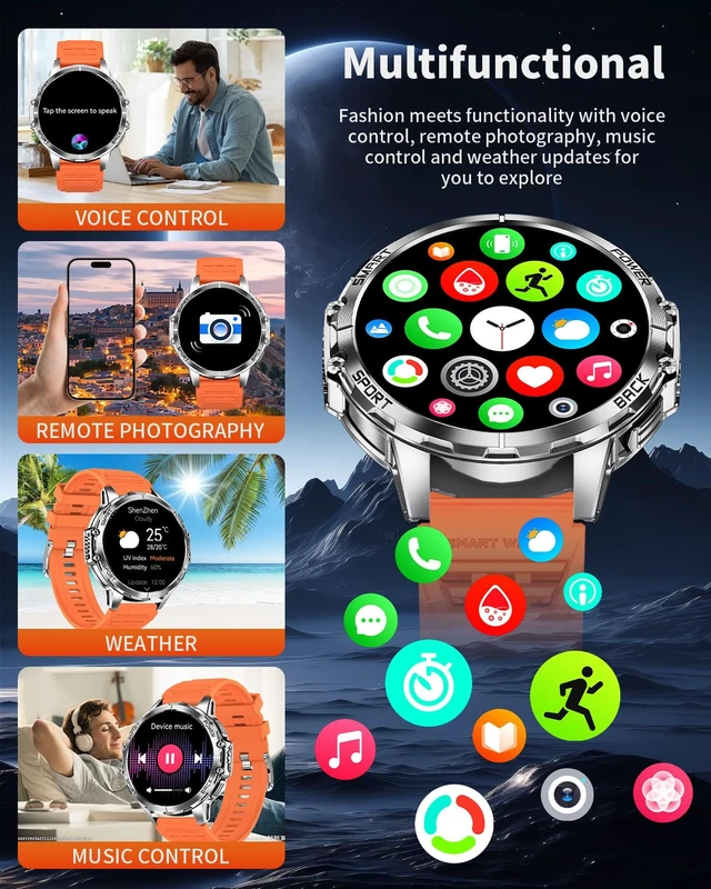 Alt view image 5 of 7 - Military Smart Watch for Men, 1.7" HD Touchscreen, Bluetooth Calling, 1000mAh Battery, Heart Rate/SpO2, 110+ Sports Modes, IP68 Waterproof Fitness Watch for Android & iPhone