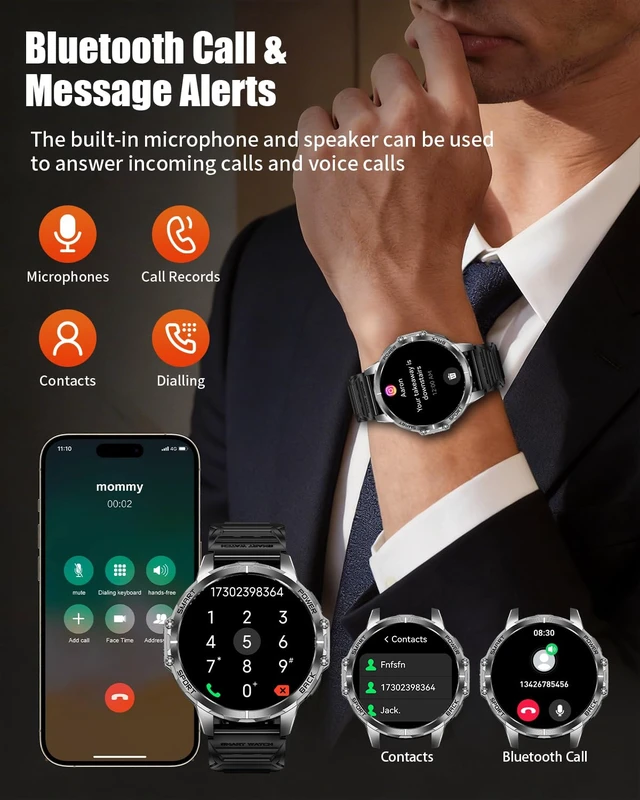 Alt view image 2 of 7 - Military Smart Watch for Men, 1.7" HD Touchscreen, Bluetooth Calling, 1000mAh Battery, Heart Rate/SpO2, 110+ Sports Modes, IP68 Waterproof Fitness Watch for Android & iPhone