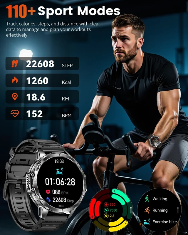 Alt view image 4 of 7 - Military Smart Watch for Men, 1.7" HD Touchscreen, Bluetooth Calling, 1000mAh Battery, Heart Rate/SpO2, 110+ Sports Modes, IP68 Waterproof Fitness Watch for Android & iPhone