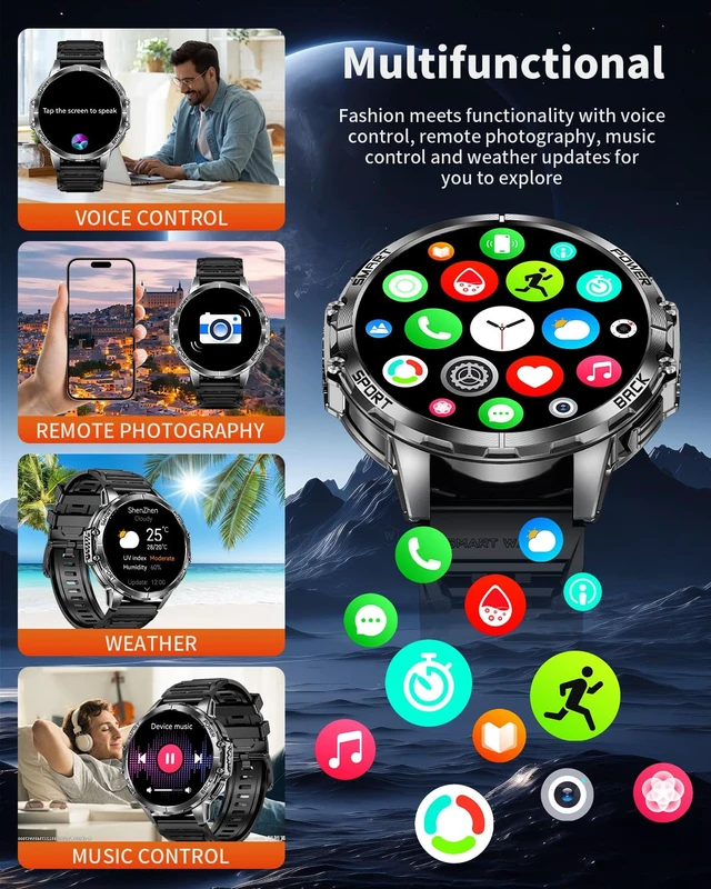 Alt view image 5 of 7 - Military Smart Watch for Men, 1.7" HD Touchscreen, Bluetooth Calling, 1000mAh Battery, Heart Rate/SpO2, 110+ Sports Modes, IP68 Waterproof Fitness Watch for Android & iPhone