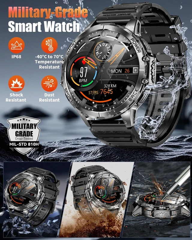 Alt view image 6 of 7 - Military Smart Watch for Men, 1.7" HD Touchscreen, Bluetooth Calling, 1000mAh Battery, Heart Rate/SpO2, 110+ Sports Modes, IP68 Waterproof Fitness Watch for Android & iPhone