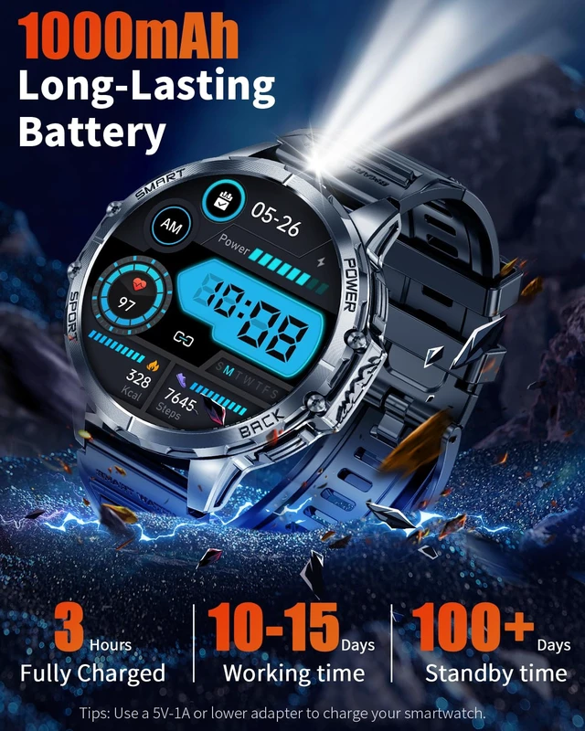 Alt view image 7 of 7 - Military Smart Watch for Men, 1.7" HD Touchscreen, Bluetooth Calling, 1000mAh Battery, Heart Rate/SpO2, 110+ Sports Modes, IP68 Waterproof Fitness Watch for Android & iPhone