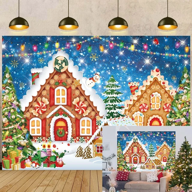 Main image of Christmas Gingerbread House Backdrop 8x6FT Blue Merry Christmas Candyland Background Winter Holiday Xmas Party Wall Decorations Supplies Photo Props