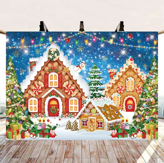 Alt view image 2 of 7 - Christmas Gingerbread House Backdrop 8x6FT Blue Merry Christmas Candyland Background Winter Holiday Xmas Party Wall Decorations Supplies Photo Props
