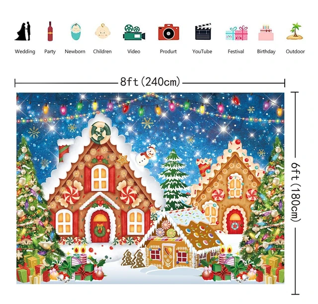 Alt view image 6 of 7 - Christmas Gingerbread House Backdrop 8x6FT Blue Merry Christmas Candyland Background Winter Holiday Xmas Party Wall Decorations Supplies Photo Props