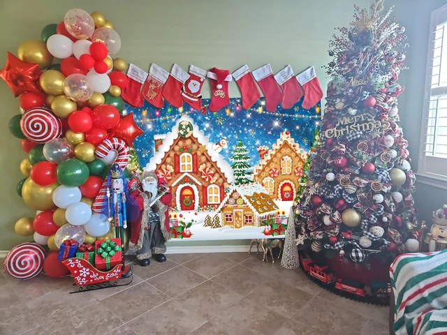 Alt view image 5 of 7 - Christmas Gingerbread House Backdrop 8x6FT Blue Merry Christmas Candyland Background Winter Holiday Xmas Party Wall Decorations Supplies Photo Props