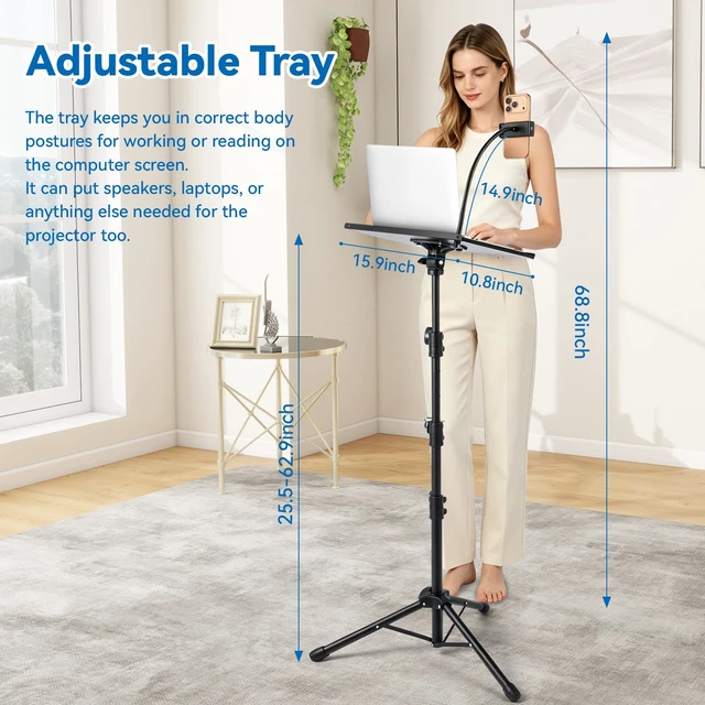 Alt view image 3 of 7 - Adjustable Projector Tripod Stand 28"-51", Heavy Duty Floor Laptop Stand with Detachable Tray, Multi-Purpose DJ Equipment Mount for Home Office Stage