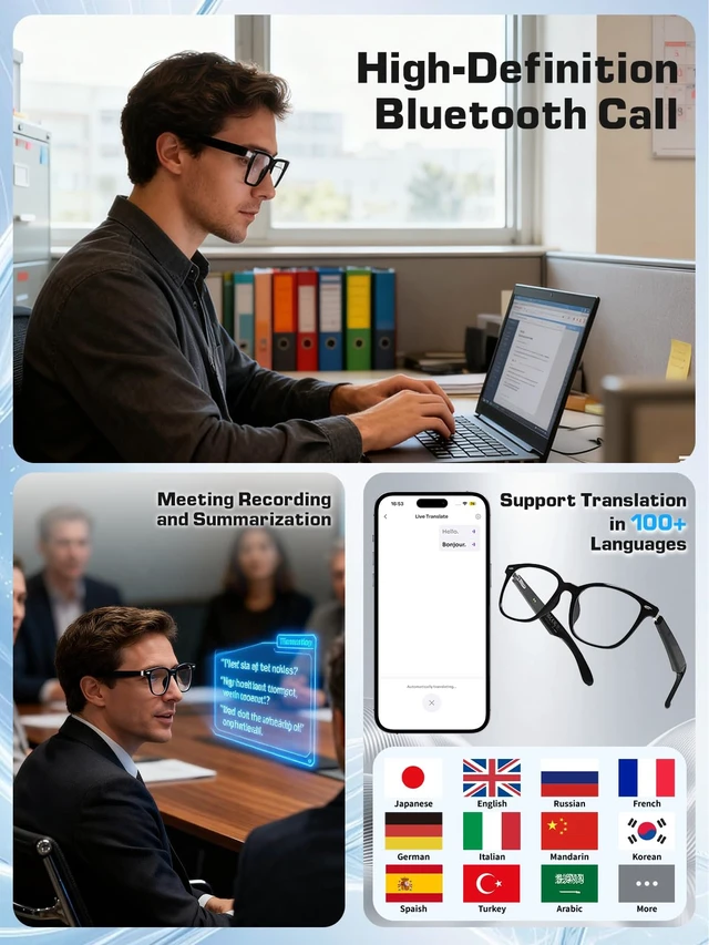 Alt view image 4 of 7 - AI Translation Smart Glasses, Blue Light Blocking Lenses Open-Ear Speaker, Hands-Free Calls & Music For Men, Women, Driving, Travel & Work