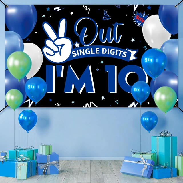Alt view image 5 of 6 - Happy 10th Birthday Backdrop Banner, 10th Birthday Decorations for Boys Girls, Funny Double Digits 10 Years Old Birthday Party Photo Props Background Yard Sign Decor Supplies, Fabric