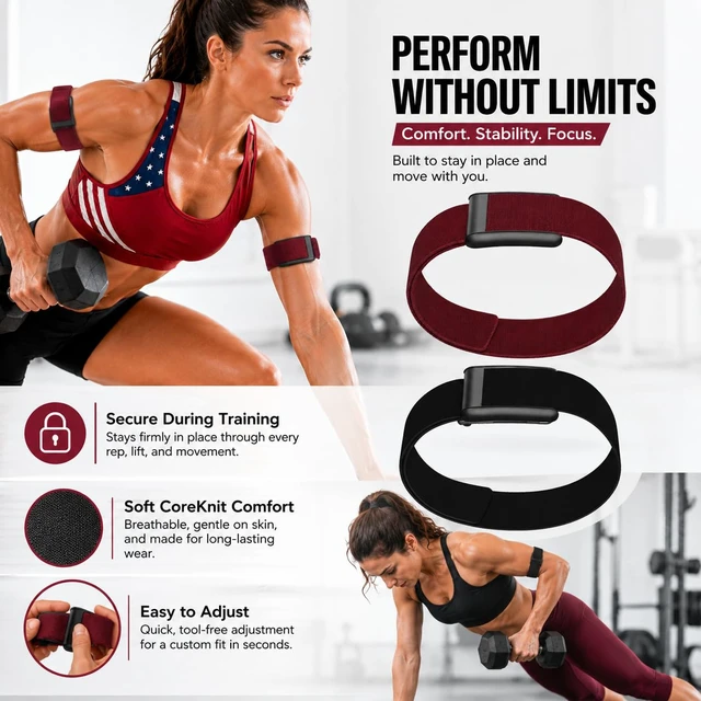 Alt view image 4 of 6 - 2 Pack CoreKnit Bicep Bands Compatible with WHOOP 5.0, Peak, MG & Life, Adjustable Quick-Dry Elastic Upper Arm Straps for Workout, Running & Fitness