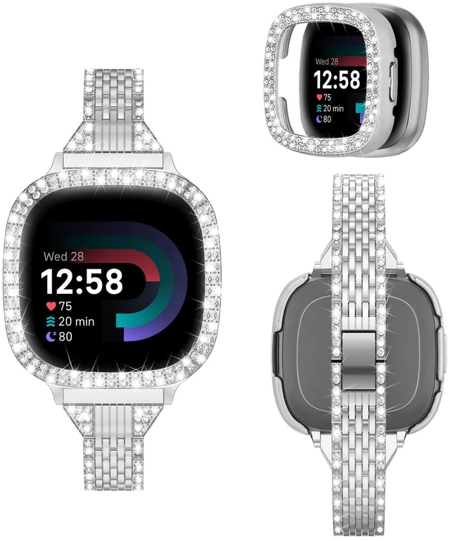 Main image of Compatible for Fitbit Versa 4 Bands/Fitbit Sense 2 Bands Women with Hard Bling Bumper Protective Case Cover, Dressy Jewelry Diamond Rhinestone Metal Wristband for Fitbit Versa 4/Sense 2 Sliver