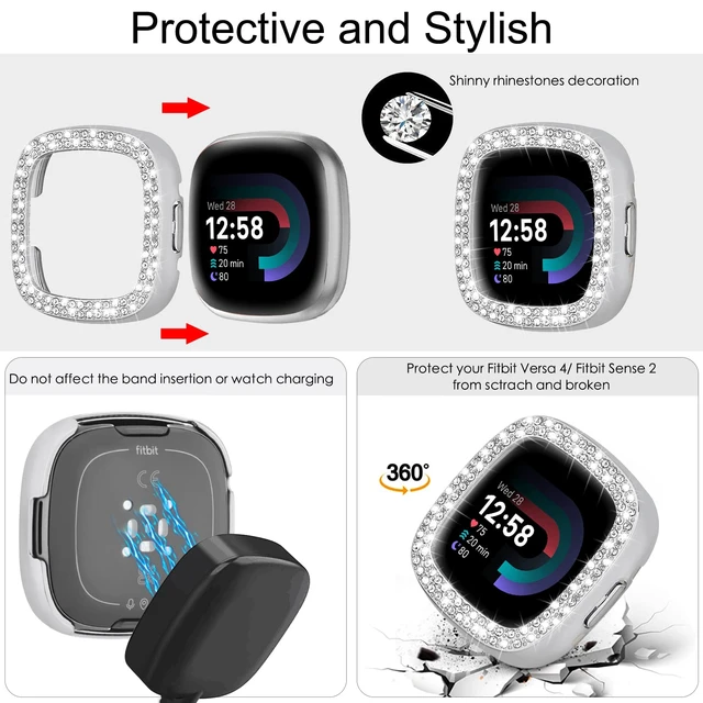 Alt view image 2 of 7 - Compatible for Fitbit Versa 4 Bands/Fitbit Sense 2 Bands Women with Hard Bling Bumper Protective Case Cover, Dressy Jewelry Diamond Rhinestone Metal Wristband for Fitbit Versa 4/Sense 2 Sliver