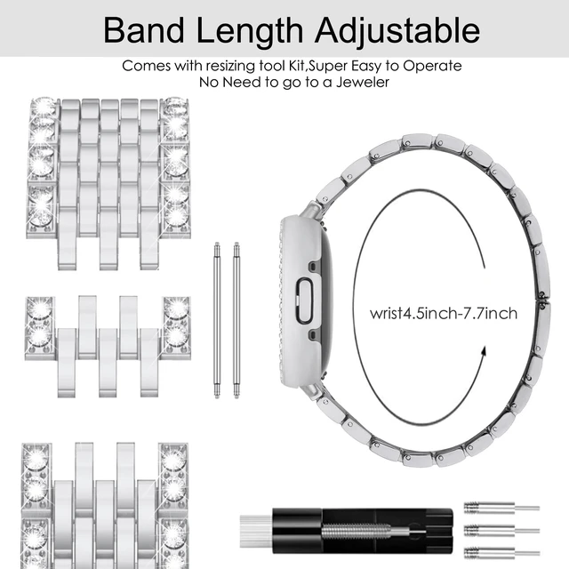 Alt view image 4 of 7 - Compatible for Fitbit Versa 4 Bands/Fitbit Sense 2 Bands Women with Hard Bling Bumper Protective Case Cover, Dressy Jewelry Diamond Rhinestone Metal Wristband for Fitbit Versa 4/Sense 2 Sliver