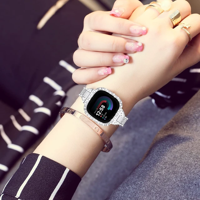 Alt view image 5 of 7 - Compatible for Fitbit Versa 4 Bands/Fitbit Sense 2 Bands Women with Hard Bling Bumper Protective Case Cover, Dressy Jewelry Diamond Rhinestone Metal Wristband for Fitbit Versa 4/Sense 2 Sliver