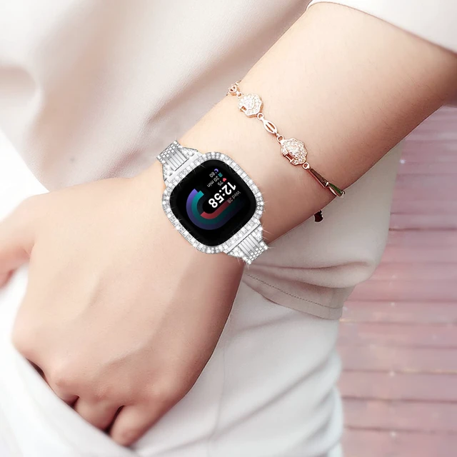 Alt view image 7 of 7 - Compatible for Fitbit Versa 4 Bands/Fitbit Sense 2 Bands Women with Hard Bling Bumper Protective Case Cover, Dressy Jewelry Diamond Rhinestone Metal Wristband for Fitbit Versa 4/Sense 2 Sliver