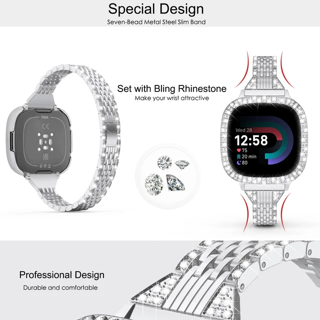 Alt view image 3 of 7 - Compatible for Fitbit Versa 4 Bands/Fitbit Sense 2 Bands Women with Hard Bling Bumper Protective Case Cover, Dressy Jewelry Diamond Rhinestone Metal Wristband for Fitbit Versa 4/Sense 2 Sliver
