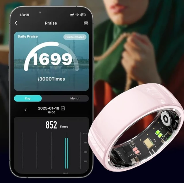 Alt view image 7 of 7 - Smart Ring Fitness Tracker for Women Pink Ceramic (Size #10) Sleep Monitoring, Heart Rate Monitoring, Gesture Touch Control, Menstral Tracking, Body Temperature, Charging Case