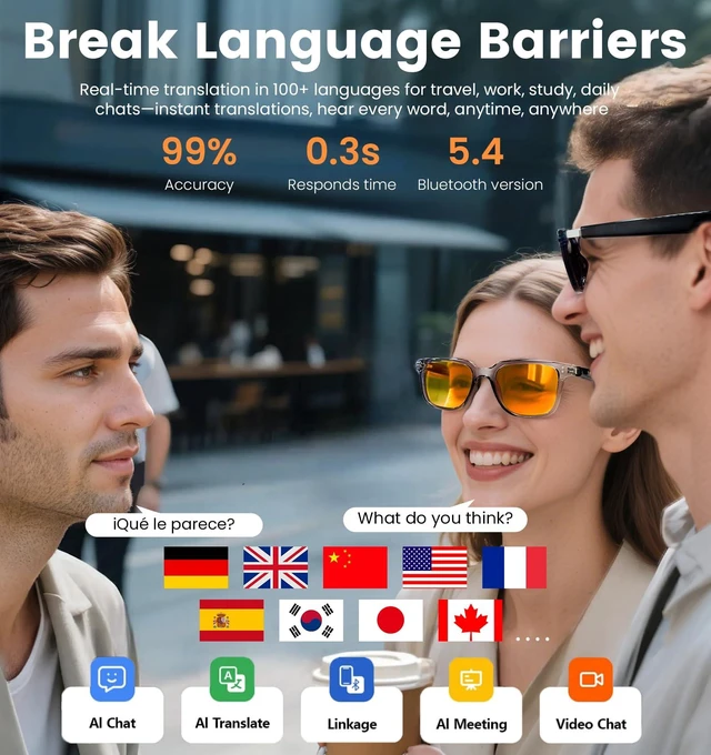 Alt view image 2 of 7 - AI Translation Smart Glasses with Chat GPT for Men& Women, Bluetooth 5.4 Sunglasses with Translator 100 Languages& Accents,Multifunctional Outdoor UV Protection Glasses for Travel Trade Business-Gray
