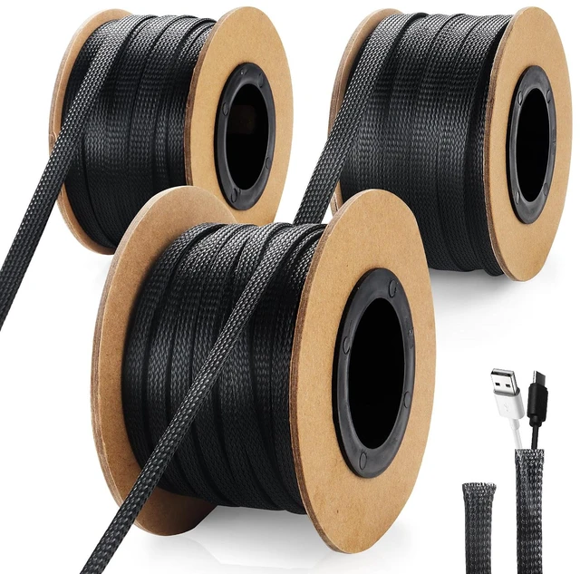Main image of 300 Feet 1/4, 1/2, 3/8 Inches Braided Wire Loom PET Cable Loom Expandable Sleeving Braided Sleeve for TV, Computer, Home Theater