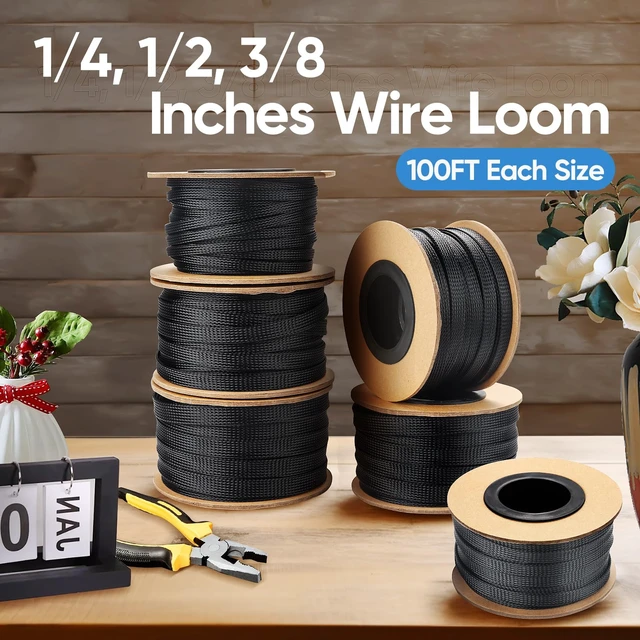 Alt view image 2 of 6 - 300 Feet 1/4, 1/2, 3/8 Inches Braided Wire Loom PET Cable Loom Expandable Sleeving Braided Sleeve for TV, Computer, Home Theater