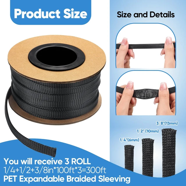 Alt view image 3 of 6 - 300 Feet 1/4, 1/2, 3/8 Inches Braided Wire Loom PET Cable Loom Expandable Sleeving Braided Sleeve for TV, Computer, Home Theater