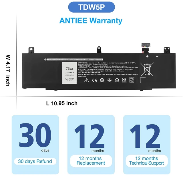 Alt view image 7 of 7 - TDW5P Laptop Battery for Dell Alienware 13 R3 ALW13C D1738 D2718 D2728 D2738 D2838 D2508 D2503S D2506S D2715S Series Black V9XD7 0V9XD7 4RRR3 04RRR3 JFWX7 0JFWX7 P81G P81G001 15.2V