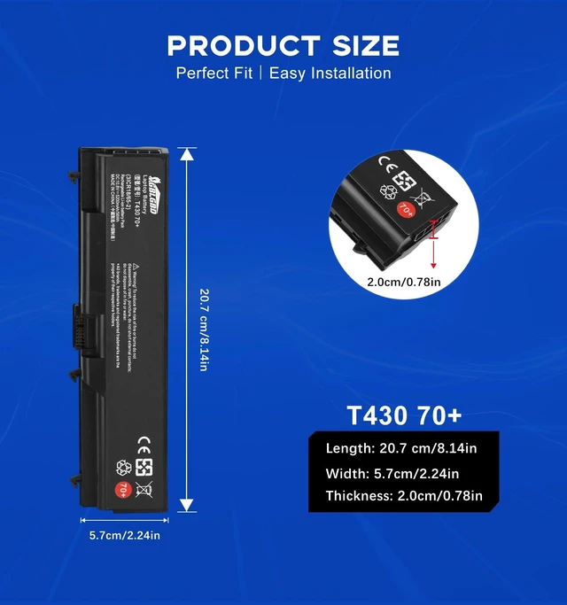 Alt view image 3 of 7 - T430 70+ Replacement Battery for Lenovo ThinkPad T430 L530 W520 SL410 2842 SL510K Edge 14" 05787UJ, Compatible with Part Numbers 42T4737 51J0499 FRU 42T4702, 6-Cell 5200mAh Rechargeable Li-ion