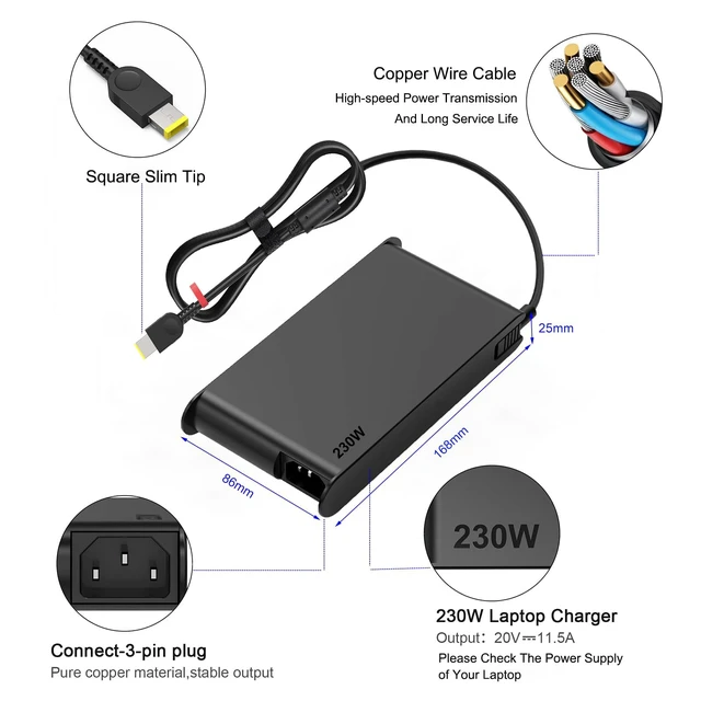 Alt view image 3 of 7 - 230W 20V 11.5A AC Adapter Fit for Lenovo Laptop Charger; Legion 5 7 5P C7 S7 Y540 Y545 Y730 Y740 Y900 Y910 Y920 Y7000 Thinkpad P1 P51 P52 P53 P70 P71 P72 P73 ADL230NDC3A 01FR044 01FR046 Power Supply