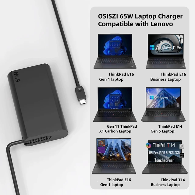 Alt view image 2 of 7 - 2026 Slim 65W USB Type C(USB-C) Laptop Charger Compatible with Lenovo ThinkPad X1 Carbon T14 T14S T15 T16 E14 E15 X13,Yoga Replacement for Lenovo Laptop Charger Power Adapter
