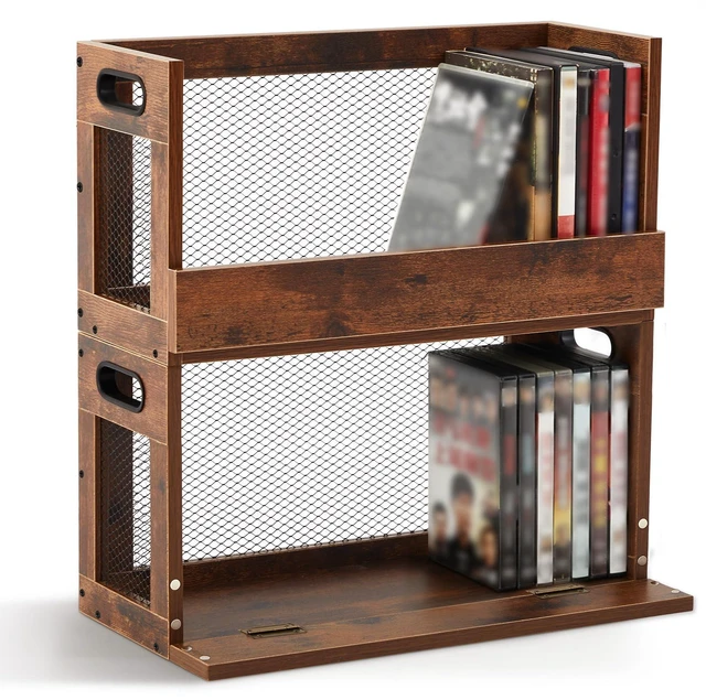 Main image of 2 Set Retro Metal & Wooden DVD Storage Box,Holds 52 DVDs(26 Each) Movie Holder Rack Tape Display Racks with Magnetic Front Flap and Handles, Organizer Shelf for Video Game Cases, CDs,DVDs
