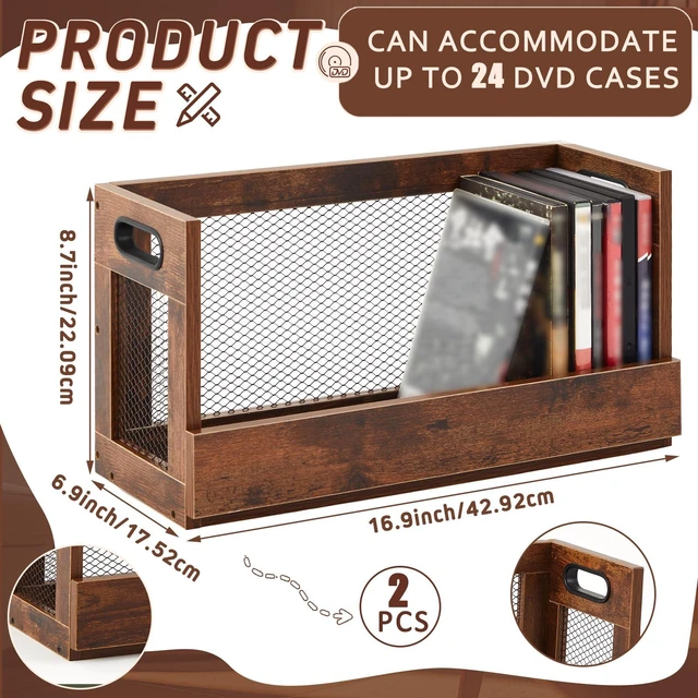 Alt view image 2 of 7 - 2 Set Retro Metal & Wooden DVD Storage Box,Holds 52 DVDs(26 Each) Movie Holder Rack Tape Display Racks with Magnetic Front Flap and Handles, Organizer Shelf for Video Game Cases, CDs,DVDs