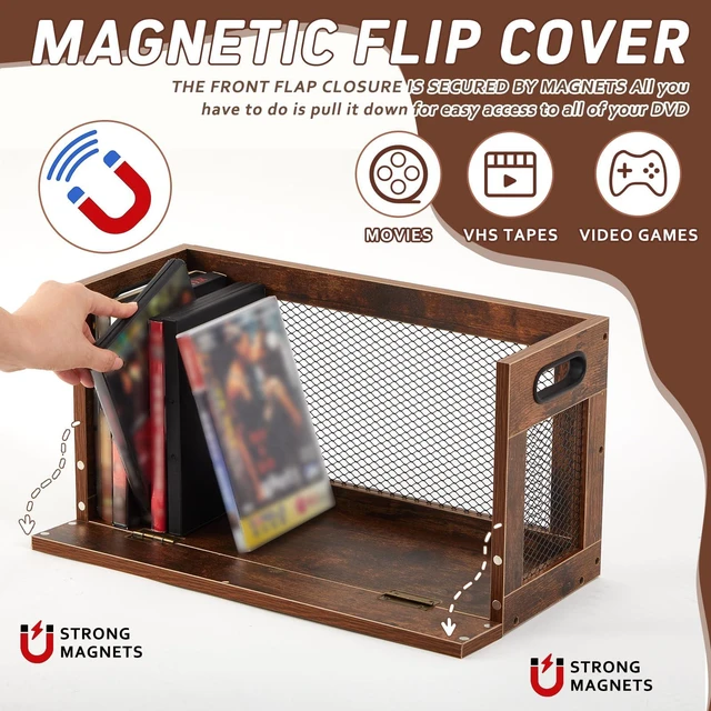 Alt view image 3 of 7 - 2 Set Retro Metal & Wooden DVD Storage Box,Holds 52 DVDs(26 Each) Movie Holder Rack Tape Display Racks with Magnetic Front Flap and Handles, Organizer Shelf for Video Game Cases, CDs,DVDs
