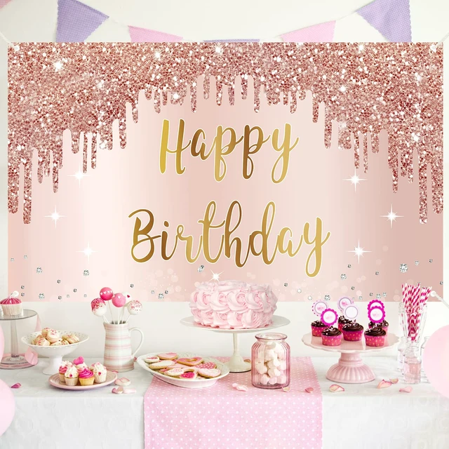 Alt view image 4 of 7 - Happy Birthday Decorations for Girls Women, Happy Birthday Banner Backdrop Pink Rose Gold Theme Party Sign Supplies, Large 16th-50th Birthday Poster Background Photo Booth Props