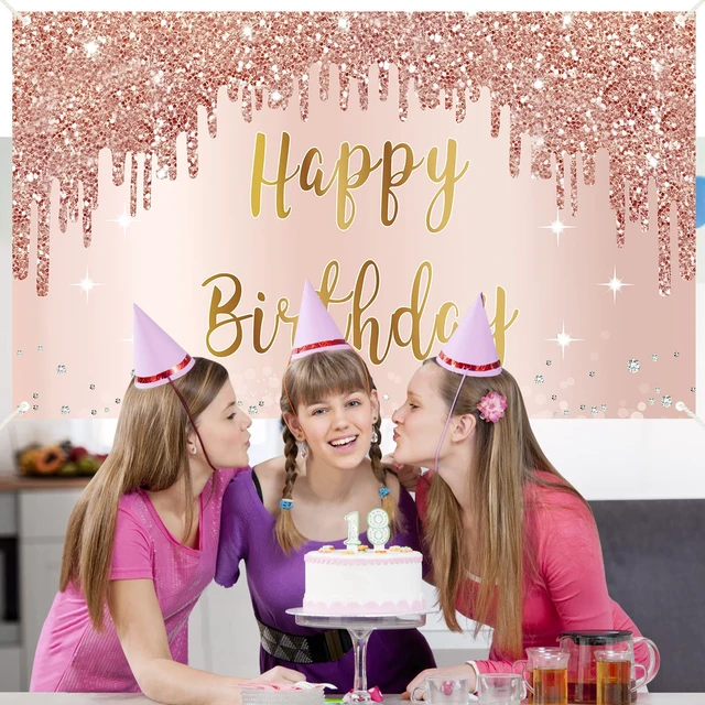 Alt view image 5 of 7 - Happy Birthday Decorations for Girls Women, Happy Birthday Banner Backdrop Pink Rose Gold Theme Party Sign Supplies, Large 16th-50th Birthday Poster Background Photo Booth Props