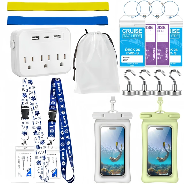 Main image of 2026 All in One Cruise Essentials Kit Non Surge Power Strip Travel Set Cruise line safety approved, magnetic hooks, waterproof phone pouch, lanyards luggage tags towel bands cabin organizer