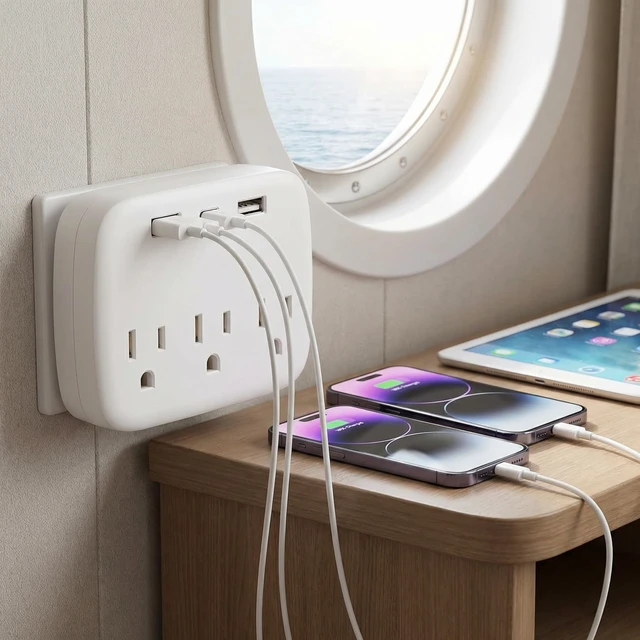 Alt view image 2 of 7 - 2026 All in One Cruise Essentials Kit Non Surge Power Strip Travel Set Cruise line safety approved, magnetic hooks, waterproof phone pouch, lanyards luggage tags towel bands cabin organizer