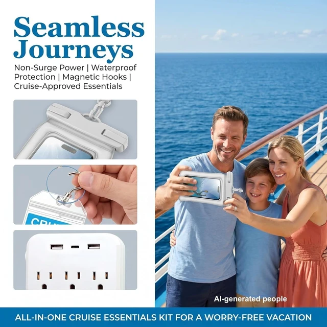 Alt view image 4 of 7 - 2026 All in One Cruise Essentials Kit Non Surge Power Strip Travel Set Cruise line safety approved, magnetic hooks, waterproof phone pouch, lanyards luggage tags towel bands cabin organizer