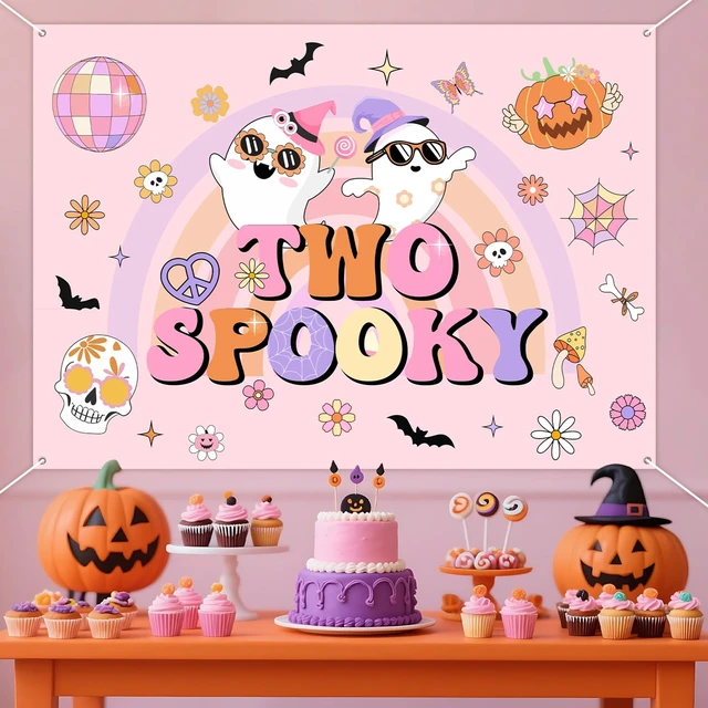 Alt view image 3 of 6 - Groovy Halloween 2nd Birthday Party Decor 7*5ft Two Spooky Birthday Backdrop Banner Decor Retro Hippie Bat Ghost Birthday Backdrop Halloween Groovy Two Spooky Party Supplies for 2 Years Old