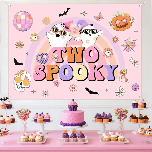 Alt view image 2 of 6 - Groovy Halloween 2nd Birthday Party Decor 7*5ft Two Spooky Birthday Backdrop Banner Decor Retro Hippie Bat Ghost Birthday Backdrop Halloween Groovy Two Spooky Party Supplies for 2 Years Old