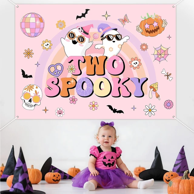 Alt view image 4 of 6 - Groovy Halloween 2nd Birthday Party Decor 7*5ft Two Spooky Birthday Backdrop Banner Decor Retro Hippie Bat Ghost Birthday Backdrop Halloween Groovy Two Spooky Party Supplies for 2 Years Old