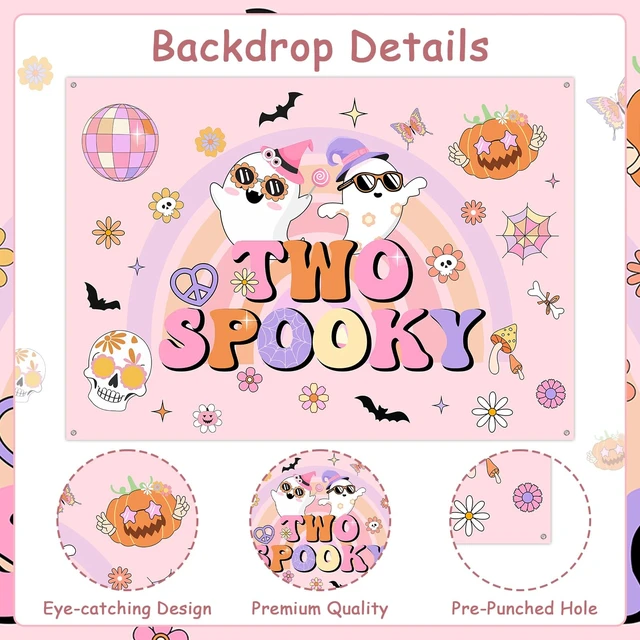 Alt view image 5 of 6 - Groovy Halloween 2nd Birthday Party Decor 7*5ft Two Spooky Birthday Backdrop Banner Decor Retro Hippie Bat Ghost Birthday Backdrop Halloween Groovy Two Spooky Party Supplies for 2 Years Old