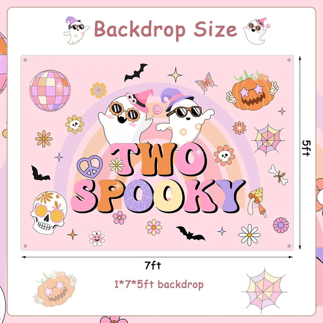 Alt view image 6 of 6 - Groovy Halloween 2nd Birthday Party Decor 7*5ft Two Spooky Birthday Backdrop Banner Decor Retro Hippie Bat Ghost Birthday Backdrop Halloween Groovy Two Spooky Party Supplies for 2 Years Old