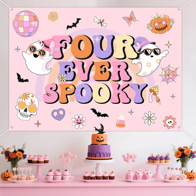 Alt view image 3 of 6 - Halloween 4th Birthday Party Decorations 7 * 5ft Four Ever Spooky Backdrop Banner Hippie Halloween Birthday Party Decor Groovy Disco Bat Ghost Birthday Backdrop Scary Decor for 4 Year Old