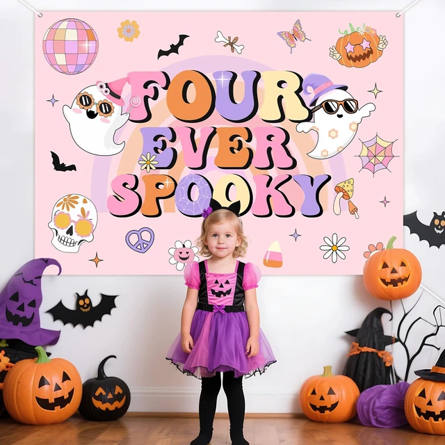 Alt view image 4 of 6 - Halloween 4th Birthday Party Decorations 7 * 5ft Four Ever Spooky Backdrop Banner Hippie Halloween Birthday Party Decor Groovy Disco Bat Ghost Birthday Backdrop Scary Decor for 4 Year Old